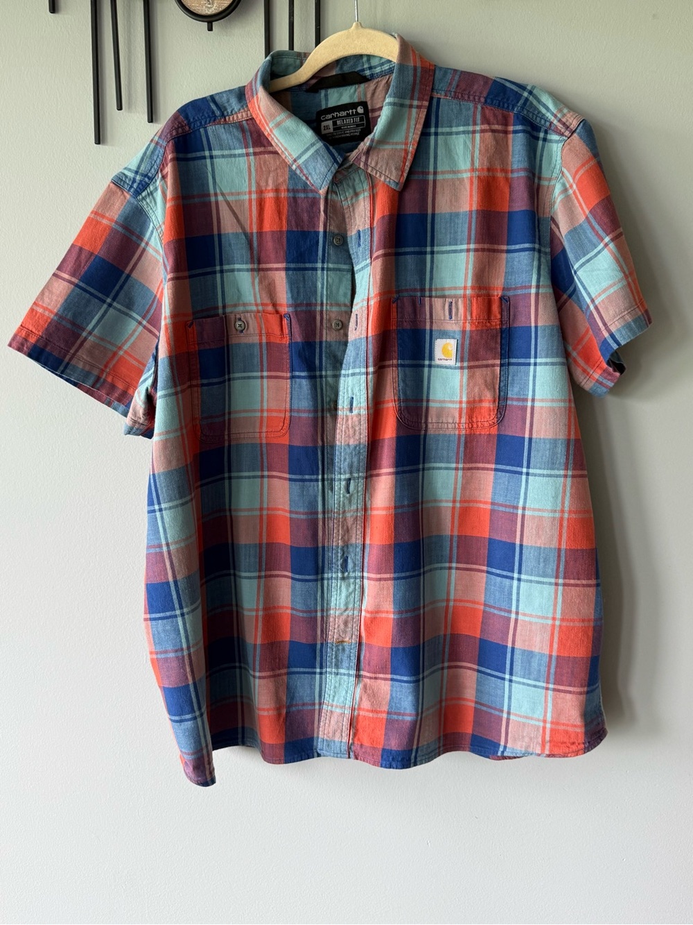 Carhartt Short-Sleeve Plaid Button-Down in Coral, Blue & Light Teal